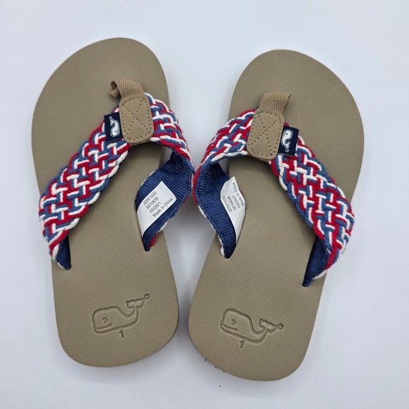 Vineyard Vines Kids Flip Flops Size 1 Red White Blue Braided Strap Whale Sandals - Picture 3 of 6